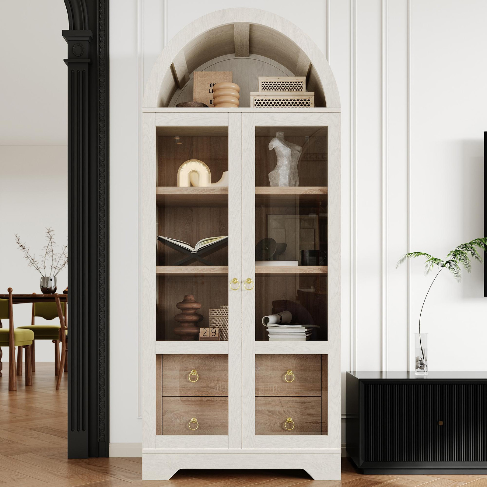 OKWISH Multifunctionele hoge kast met glazen deuren en 2 lades, wit