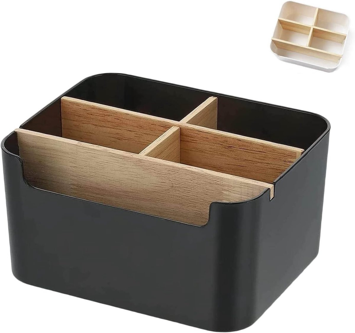 Houten Bureau Organiser met 5 Compartimenten en Pennenhouder in Zwart