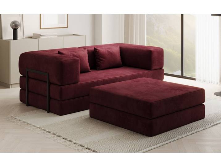 Lazy Spar-Set: 3-Sitzer + Hocker in Samt - Bordeaux - Samt - Luxusbetten24