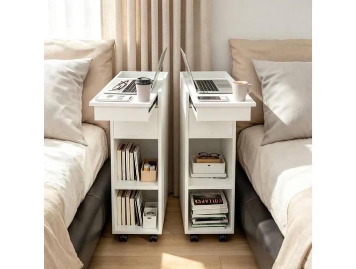 PIPIPOXER Lot de 2 tables de chevet étroites sur roulettes table avec plateau coulissant étagère réglable meuble blanc