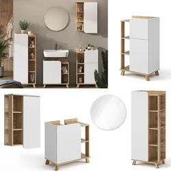 Vicco Badmöbel-Set Karen, Sonoma Weiß, moderne Badezimmerserie, 2 Farben, Waschtischunterschrank, Badspiegel; Midischrank, Unterschrank, Hängeschrank