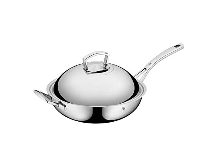 WMF Multiply Wokpfanne 32 cm, Wok Induktion unbeschichtet, Metalldeckel mit Wrasenabzug, Mehrschichtmaterial, Cromargan Edelstahl, Alumiuniumkern
