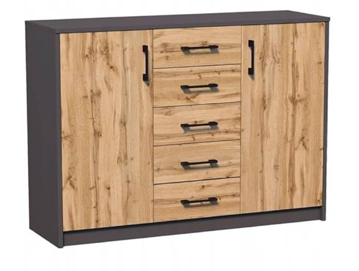 MATKAM Moderne Kommode 2D5S mit 2 Türen und 5 Schubladen - Robuste Aufbewahrungslösung für Schlafzimmer und Wohnbereiche (Anthrazit Grau-Wotan Eiche)