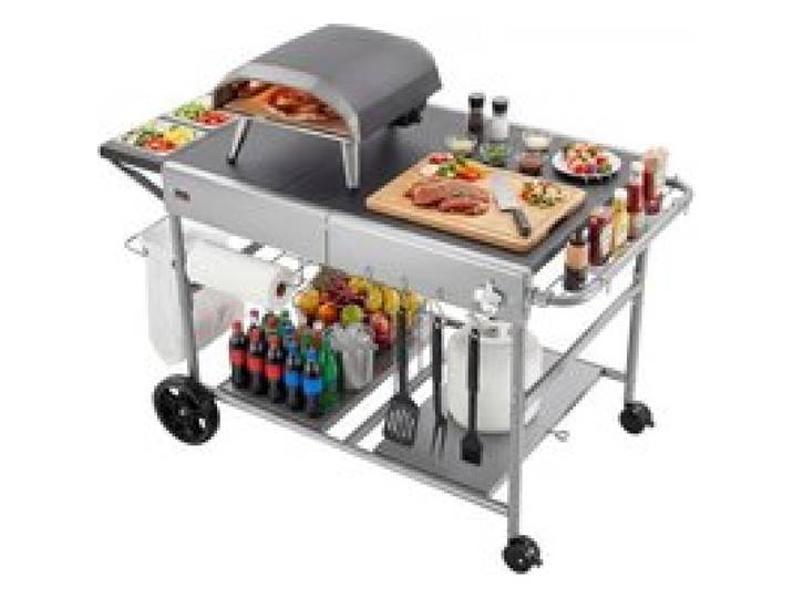 VEVOR Desserte de Jardin pour Plancha, Chariot de Barbecue 136x76x79 cm, pour Préparation de Cuisine BBQ Piques-niques Terrasse Extérieur, avec Roues, Récipients à Épices, Couvercles et Crochets