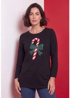 Plus Size Women's Plus Size Graphic Long Sleeve Tee by Roaman's in Black Candy Cane (Size 12)