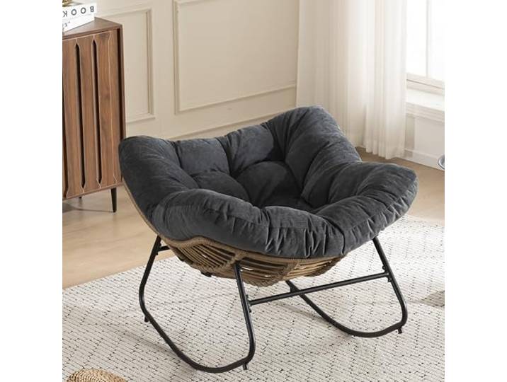 Ropilly Chenille Schaukelstuhl mit Metallrahmen bis 158 kg Weich gepolsterter Schaukelstuhl mit ergonomischer Form für ruhiges Sitzen, Lesen und Entspannen im Wohnbereich.