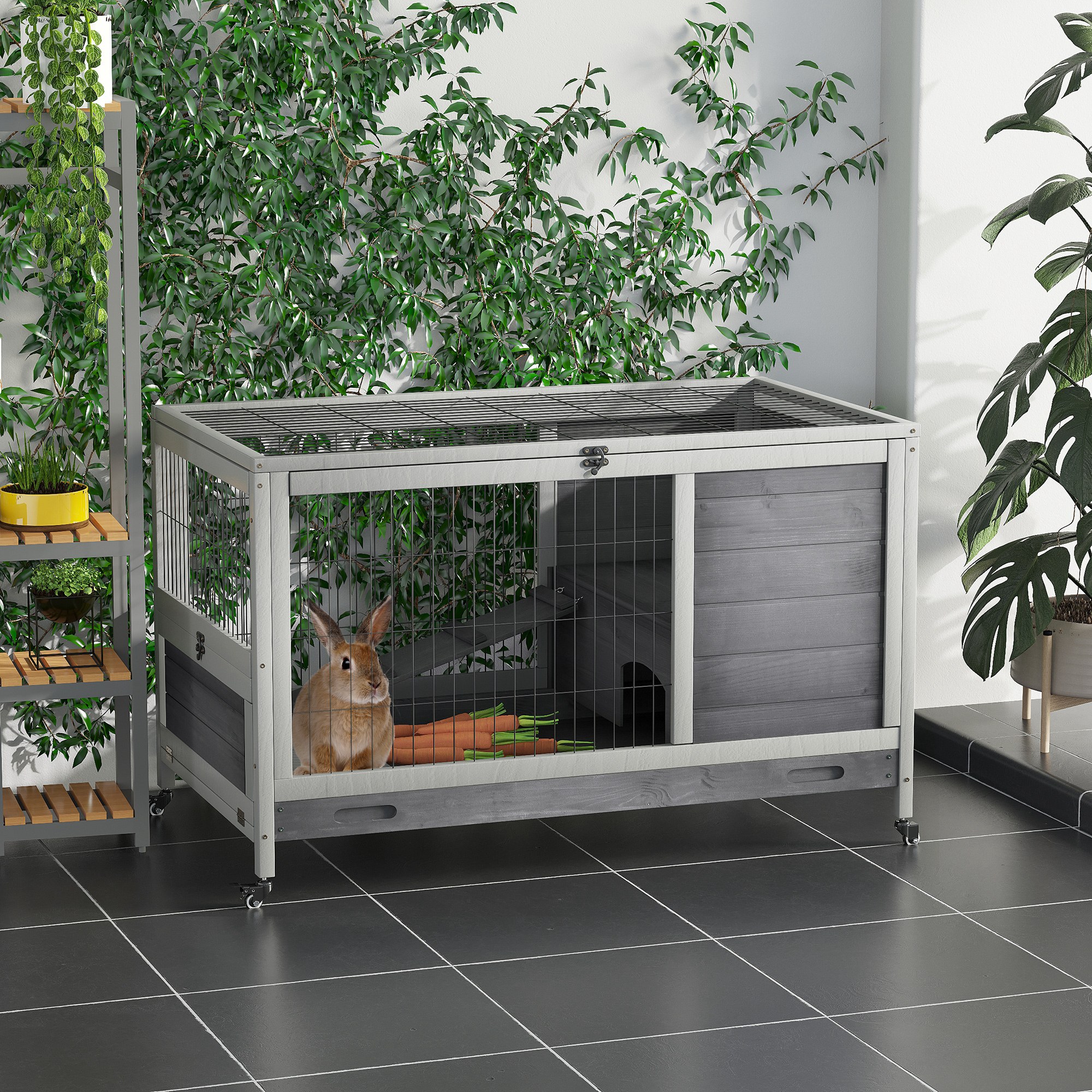 Pawhut Conigliera in Legno con 4 Ruote, Casetta per Conigli e Rampa, 90x53x59cm, Grigio