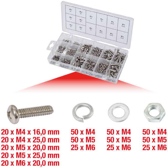 Assortiment de vis, rondelles et écrous en inox, métriques, 475 pcs. ; KS Tools (970.0510)