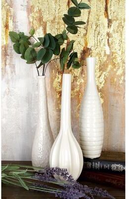 CosmoLiving by Cosmopolitan White Ceramic Slim Textured Bottleneck Decorative Vase with Varying Patterns (Set of 3)