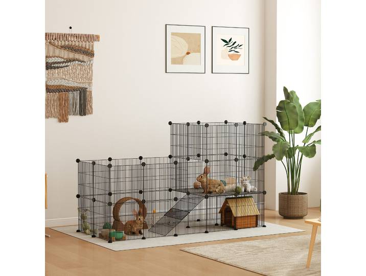 PawHut Enclos Modulable 2 Niveaux Acier Noir 140x70x105 cm