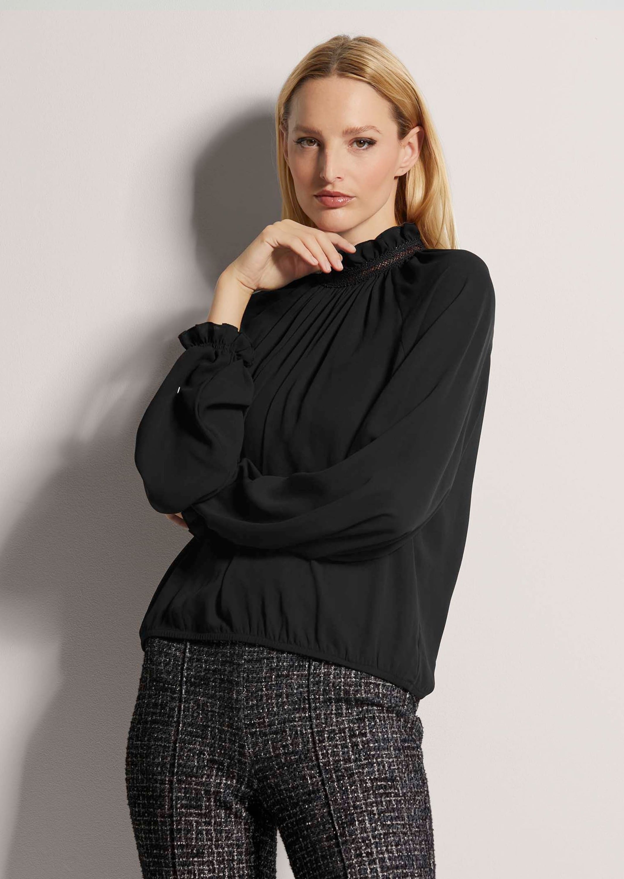 Langarmbluse MADELEINE "Bluse Elegante Bluse mit Stehkragen, Uni", Damen, Gr. 38, schwarz, Obermaterial: 100% Polyester PES., Modern, normal, Blusen