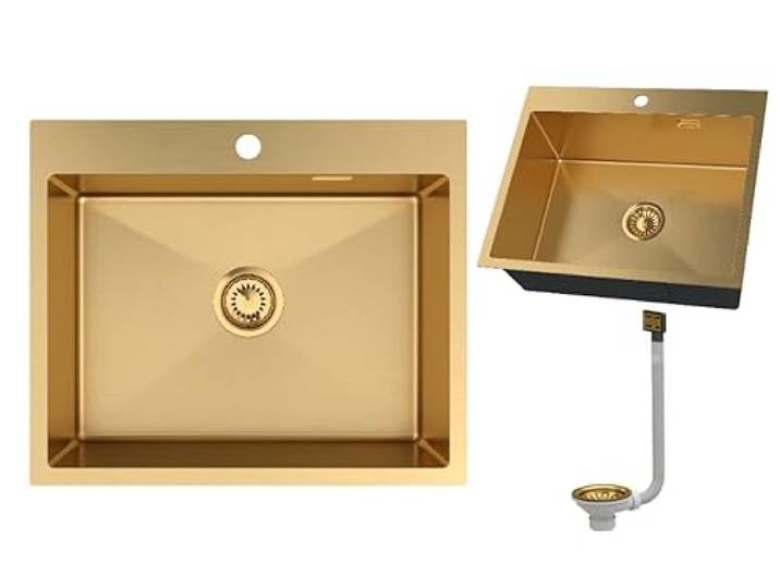 Granitan Spülbecken mit Siphon 49,8x59,8 cm, Einbauspüle aus Stahl Silvo60 Edelstahlspüle mit Hahnloch für Spülbecken, Gold