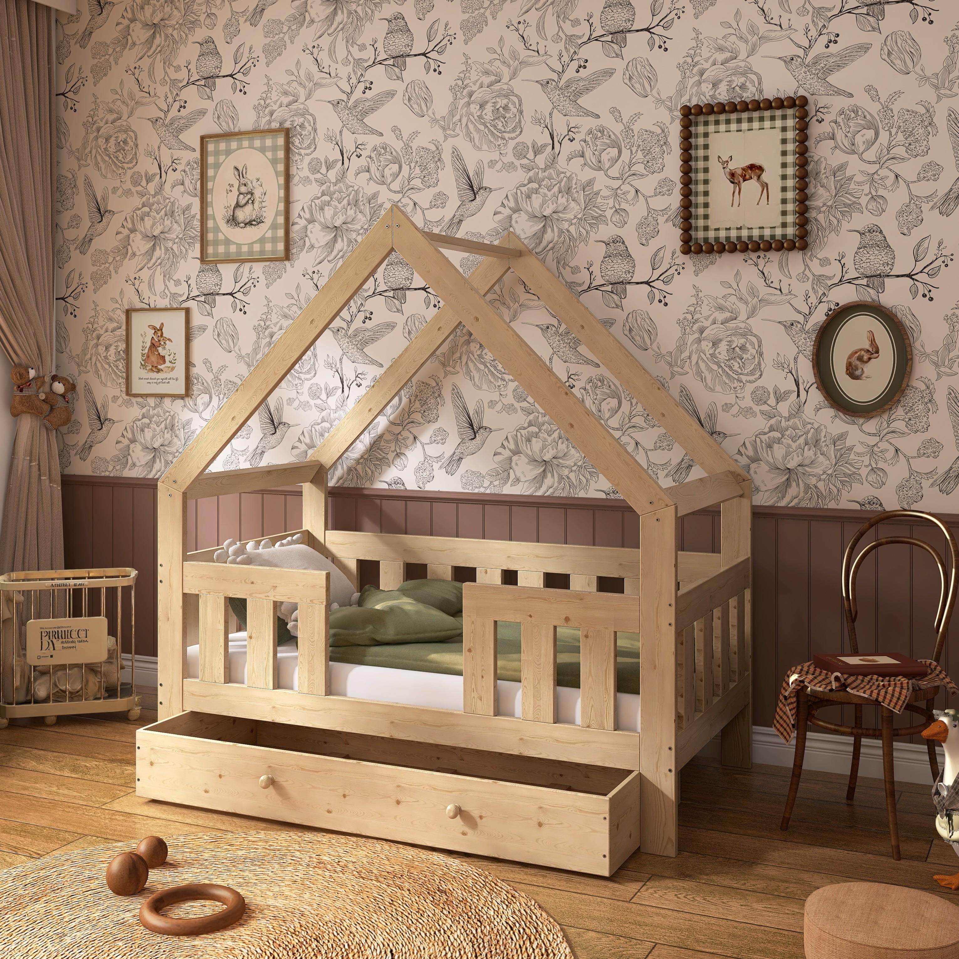 Hausbett mit hochem Rausfallschutz und Schublade, 70x140 cm
