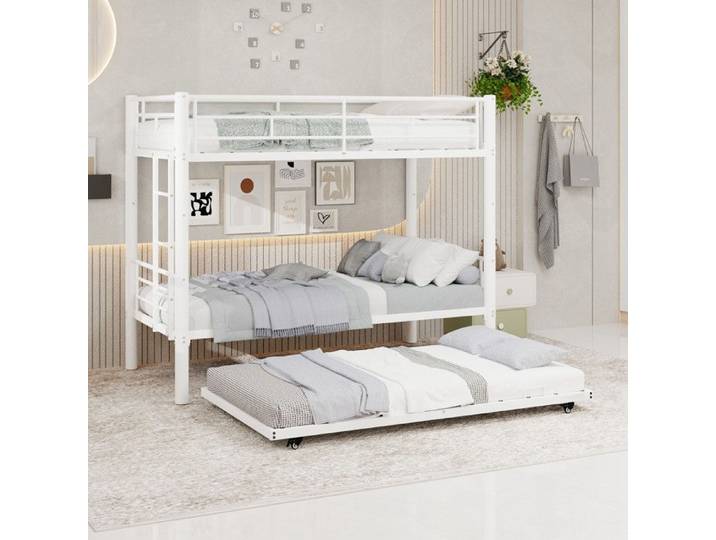 LEMLIT Lit Superposé en Métal 2x90x190 cm avec Lit Gigogne 90x190 cm 3 Couchages échelle et Barrière de Sécurité Blanc