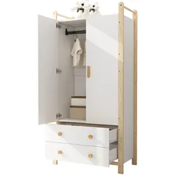 Kleiderschrank 90x45x180 cm Weiß+Kiefer mit Kleiderstange, 2 Schubladen, Oberablage, großer Stauraum, modernes Schlafzimmer-Design