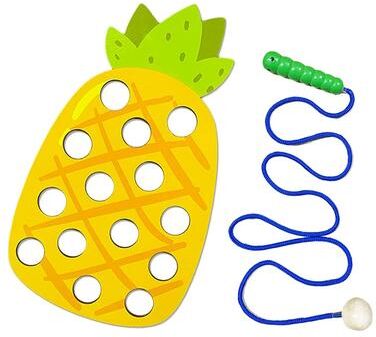 Perfect Picks Market Wooden Lacing Toy For Toddlers Educational Fruit Threading Puzzle Set, Fine Motor Skill Development Toy pineapple