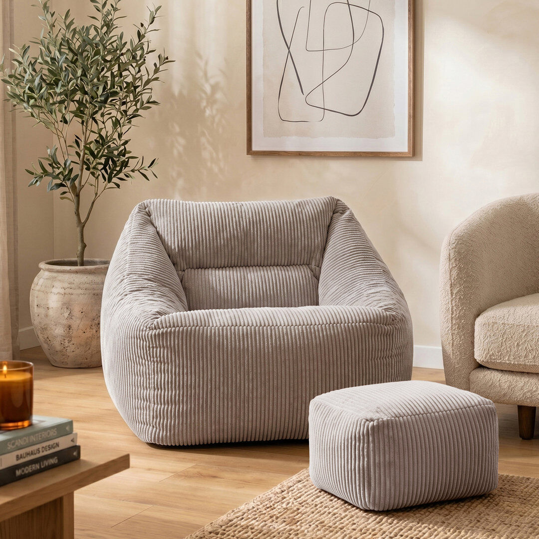 icon Natalia Large Beanbag and Pouffe Set Corduroy Navy Blue Grey Large
