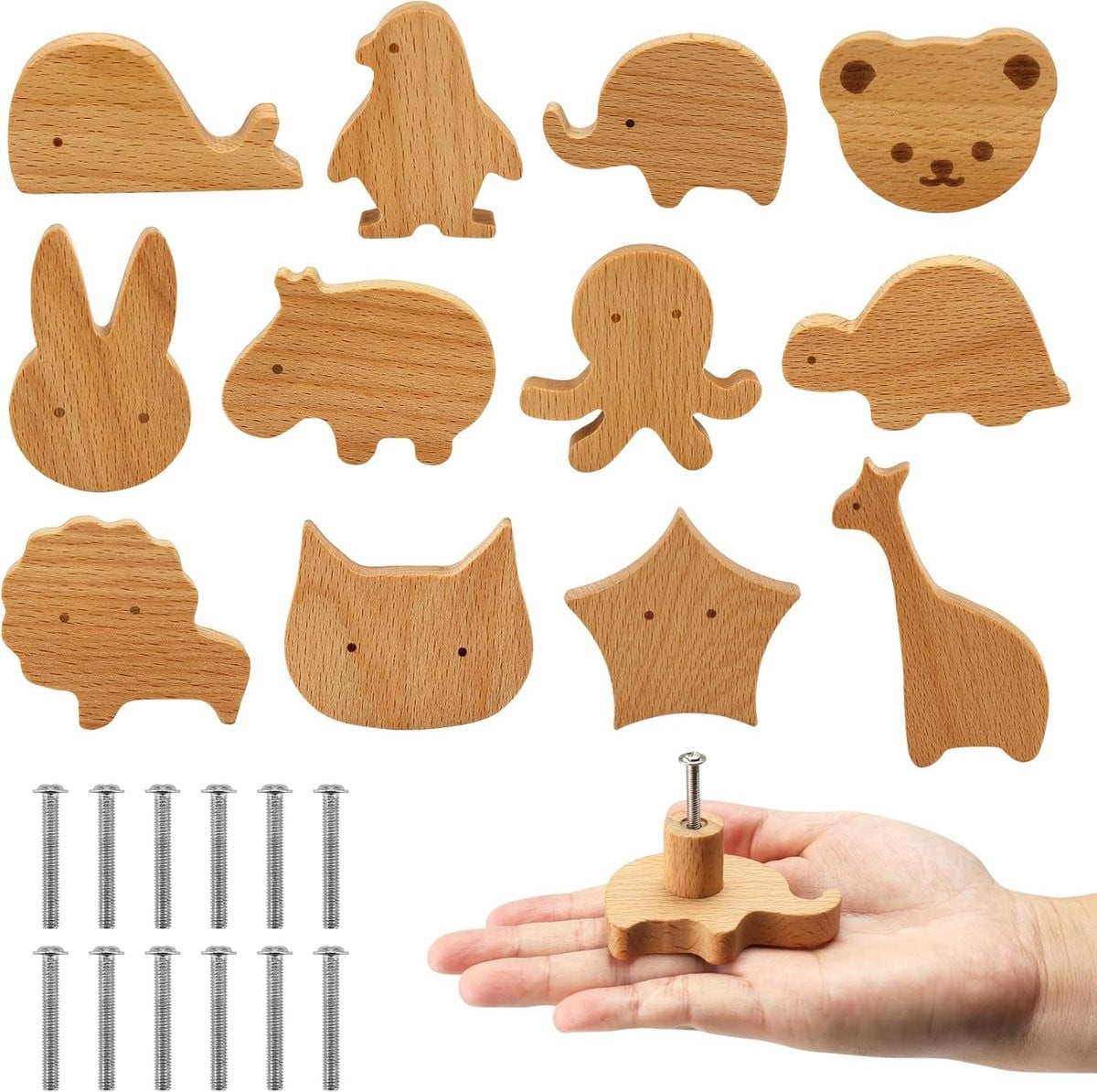 Set van 12 natuurlijke houten kastknoppen in diervorm voor kinderkamer decoratie