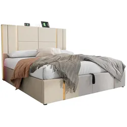 OKWISH Polsterbett 140 × 200 cm mit USB-Ladefunktion und LED-Beleuchtung Beige Leinenmaterial