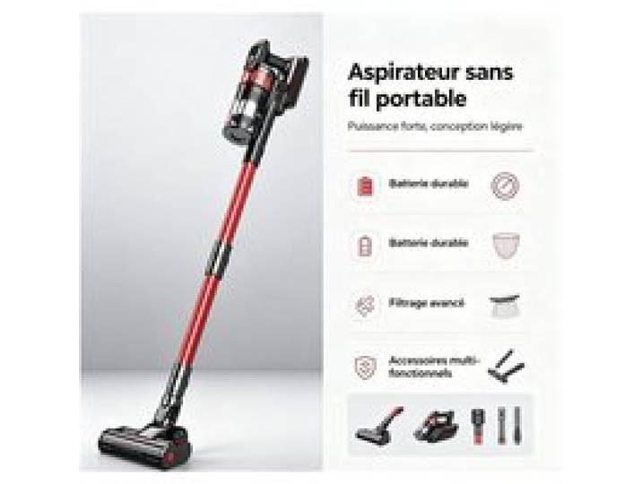 Aspirateur balai sans fil pour maison avec animaux domestiques 75Kpa 800W bac 2L filtration 7 étapes 70min autonomie LED