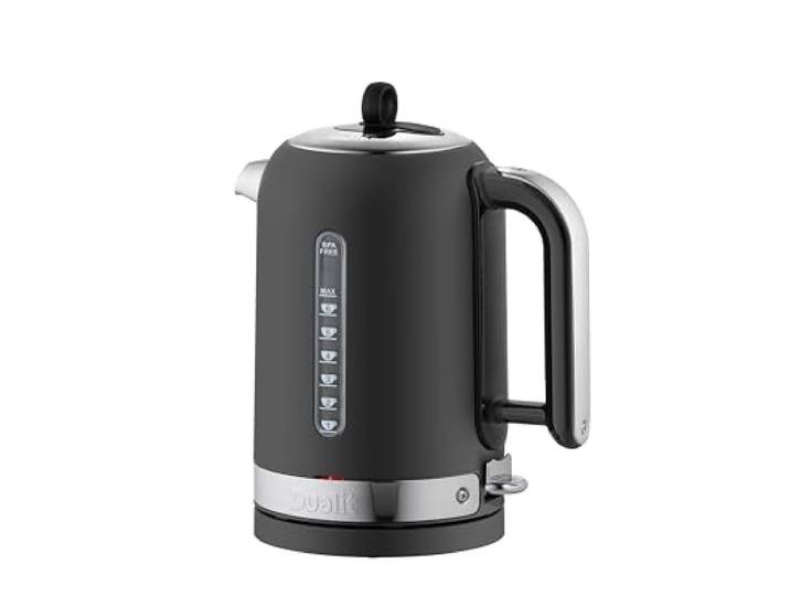 Dualit Classic Wasserkocher 1,7 L, Edelstahl, Whisper Boil™, tropffrei Mattschwarz, geräuscharmer Schnellkocher, für 6 Tassen, 24×15×28 cm, 1.600 g, austauschbares Heizelement