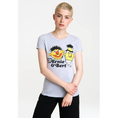 T-Shirt LOGOSHIRT "Sesamstraße - Ernie & Bert Fun", Damen, Gr. XS, grau (grau, meliert), 95% Baumwolle, 5% Viskose, bedruckt, meliert, normal, Rundhals, Shirts T-Shirt, mit Ernie und Bert-Print