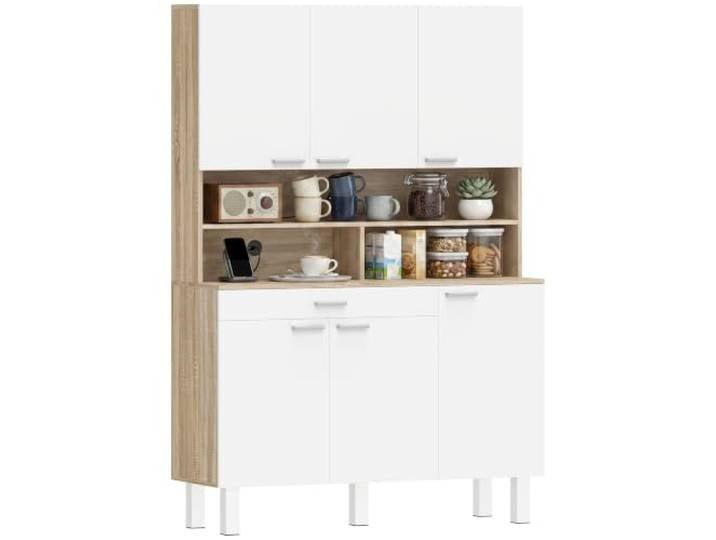 HOMCOM Buffet Haut Cuisine 6 Portes Tiroir 120x40x175cm Blanc Bois Naturel Armoire de Cuisine\, Vaisselier\, Étagères Ouvertes\, Style Moderne\, Meuble de Rangement\, Salon\, Salle à Manger