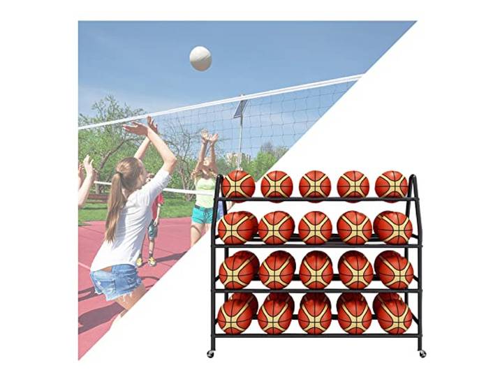 Basketball-Regal 4-stöckiges Ball Aufbewahrungsregal Regal Mit Rollen Ballwagen Aufbewahrung Platzsparend Metallregal Für Garagen, Vereine, Sportplätze(Black,97CM)