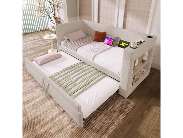 Lit gigogne 90x190 cm - avec USB et Type-C - avec porte-gobelet - beige