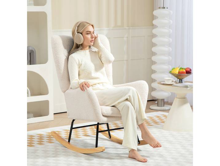 HOMCOM Fauteuil à Bascule, revêtement pelucheux, rembourrage épais, coussin lombaire, antidérapant, Crème