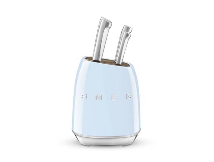 Smeg\, Bloc de Couteaux KBSF02PB\, 6 Couteaux Inclus en Acier Inoxydable\, Corps de Bloc en Acier Inoxydable et Fente pour Couteau en Bois d’Acacia\, Bleu Azul