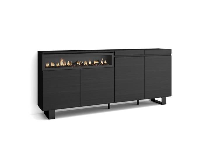 Buffet effet bois noir 200x35x87cm cheminée effet feu