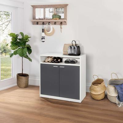 InRoom Designs Freestanding Shoe Storage Cabinet with Double Doors, Open Display Shelf and Spacious Top Surface