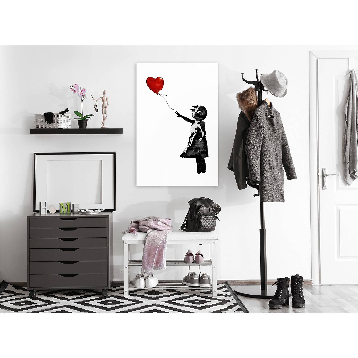 home24 Wanddecoratie Girl with Balloon Banksy - Wit/Zwart - Hout & Textiel - 60 x 90 cm