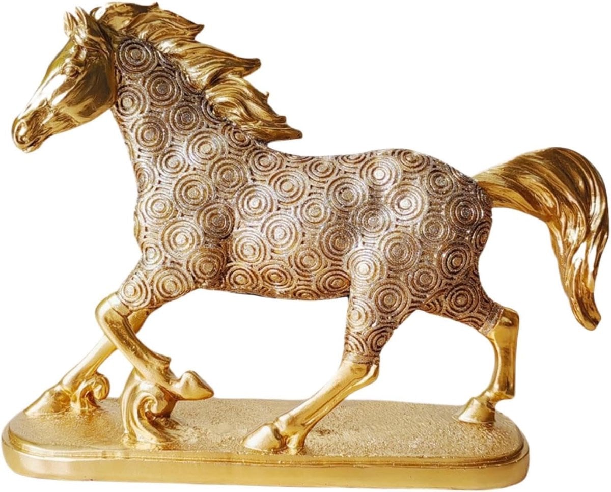 Goudkleurig paardenbeeldje als decoratie voor in de woonkamer, Hoogte: 22 cm