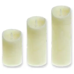 Firelamp LED Echtwachs-Kerze Set Flammeneffekt 7,5cm 12,5cm 18cm Ø10cm elfenbein strukturiert mit Fernbedienung 3xAAA