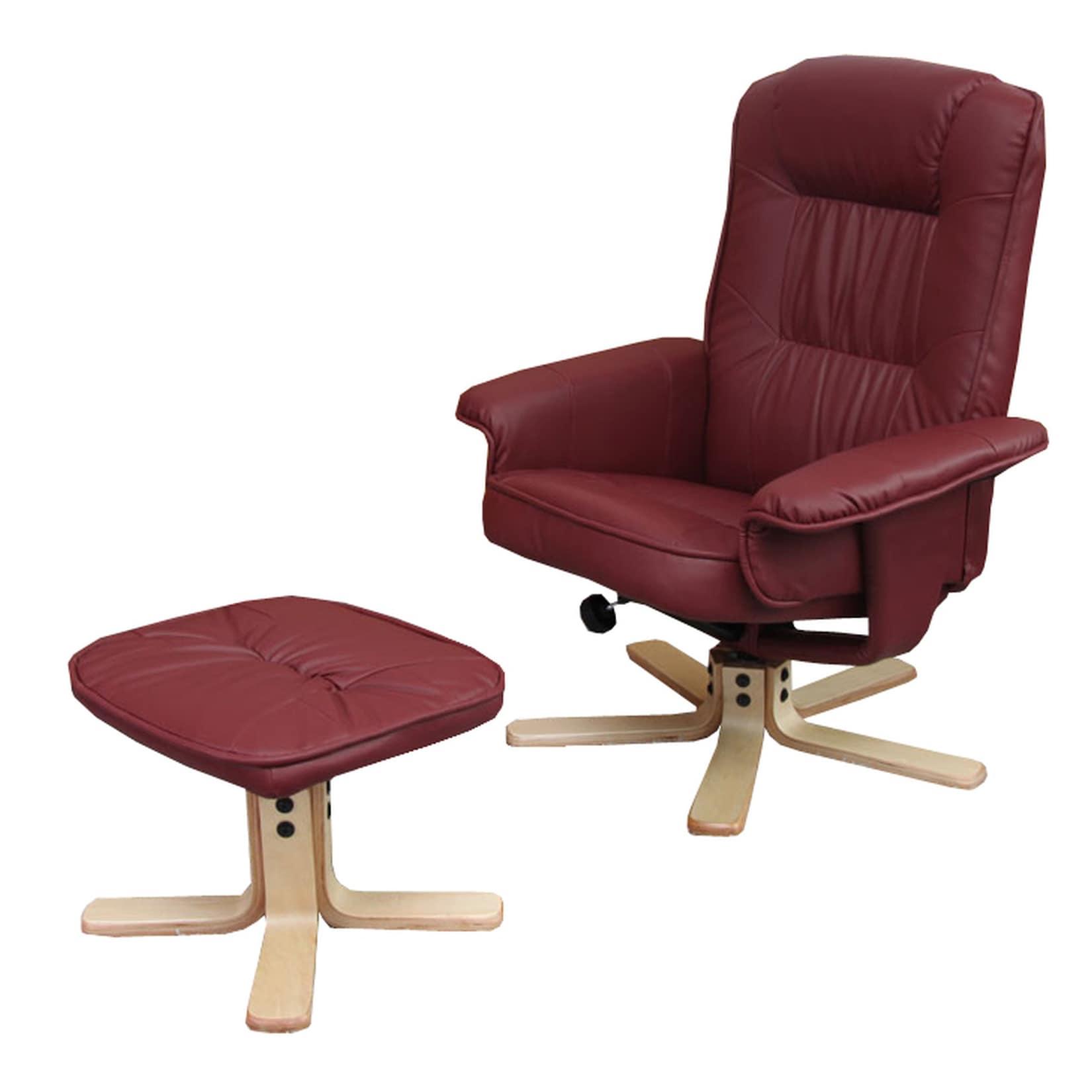 Relaxsessel H56, Fernsehsessel TV-Sessel mit Hocker Ottomane, Kunstleder Eukalyptus Holz MVG-zertifiziert ~ bordeaux