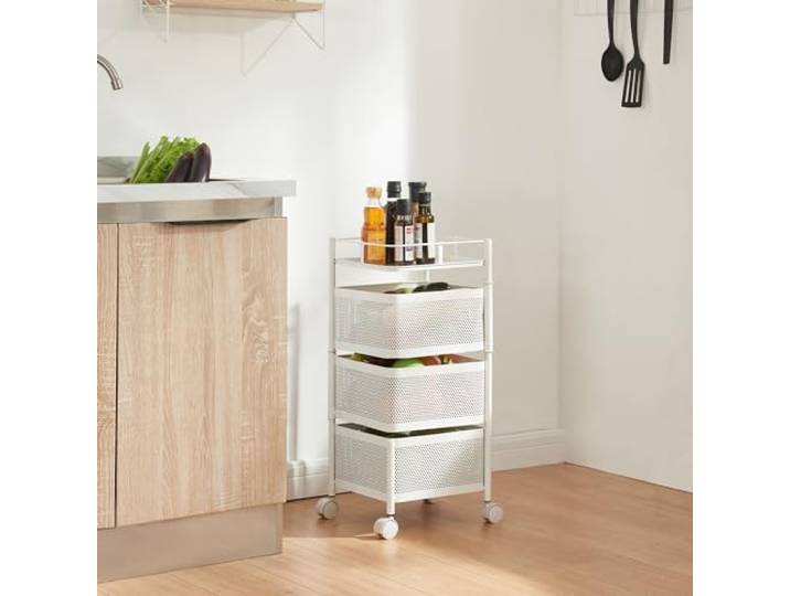 [en.casa] Rollwagen Sunndal mit 3 Ebenen mehrlagiges Küchenregal mit Rädern Servierwagen aus Stahl ausklappbare Körbe Regal für Küche, Bad 64,5x27x27cm Weiß