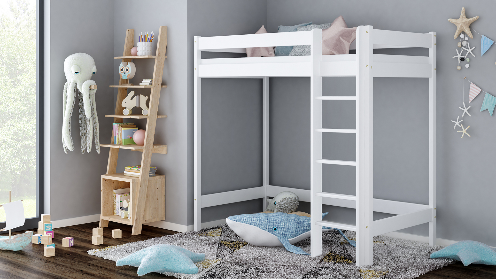 Mezzanin Bett aus Kiefernholz Antresola 160 mit Leiter, 90 x 190 cm, Höhe 160 cm, Meble Wróbel, Weiß