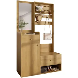 GARDEROBEN-SET 105 cm Holzoptik Natur – Kompaktgarderobe mit Spiegel, Schuhbank & flexiblem Hakenboard