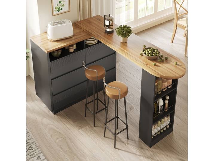 Table de bar rétractable PINGGP avec espace de rangement, table de bar mobile moderne, table de bar avec six tiroirs, îlot de cuisine