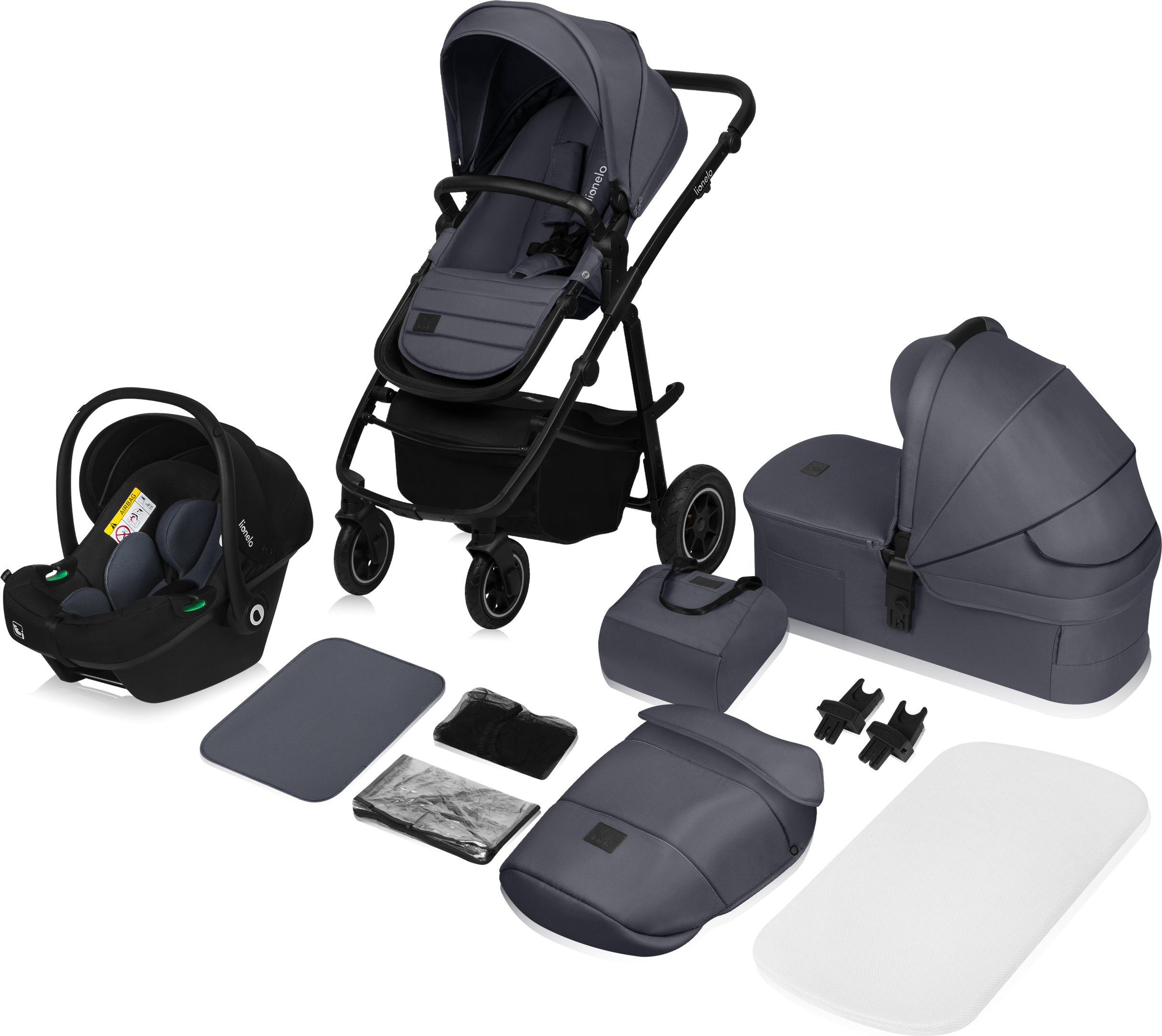 Lionelo Amber Plus - Kombikinderwagen 3 in 1 - Set sportlicher, Sitz, fester Babywanne, Autositz, Tasche, Moskitonetz, Regenschutz - Grey Graphite