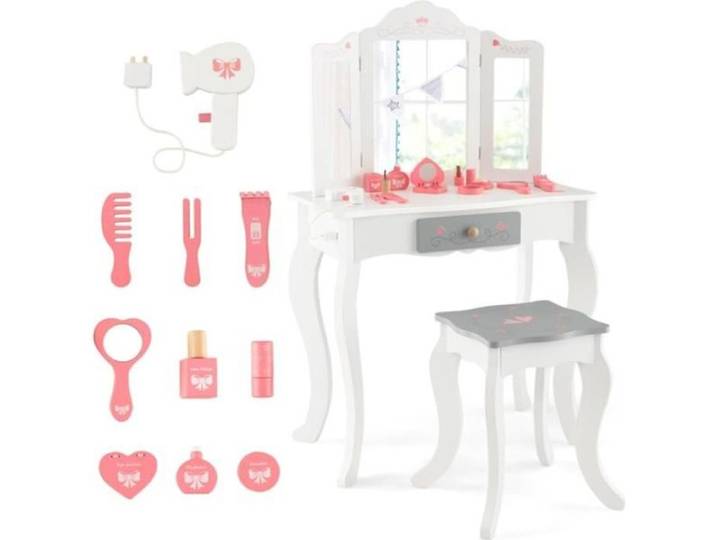 DREAMADE Coiffeuse Enfant Fille avec Tabouret Miroir Pliable et Amovible 1 Tiroir 10 Accessoires de Jouets pour 3+ Ans Blanc