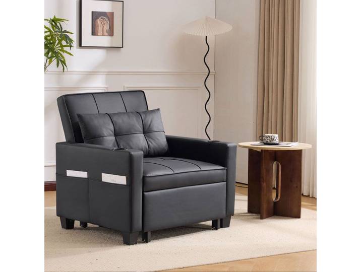 Modenuit Fauteuil convertible 1 place 3-en-1 canapé-lit extensible simili cuir noir USB porte-gobelets