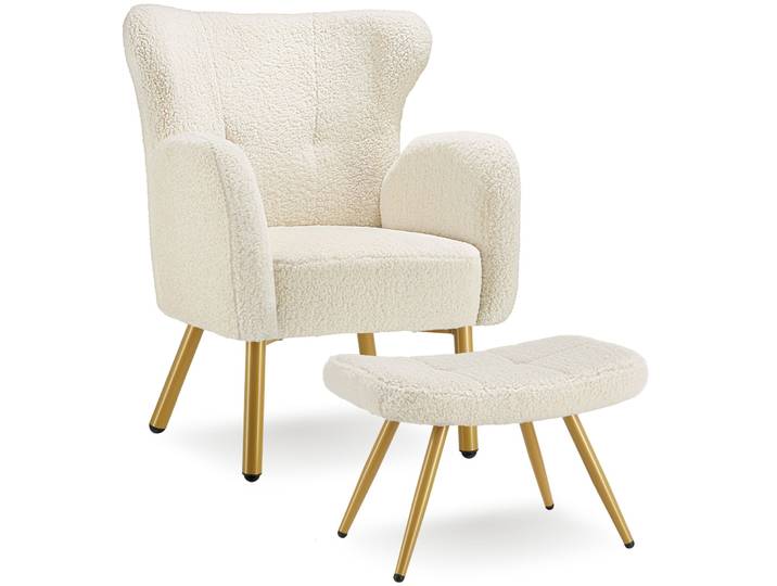 Sessel mit Hocker Vänersborg Bouclé, dick gepolstert - Bouclé creme/gold