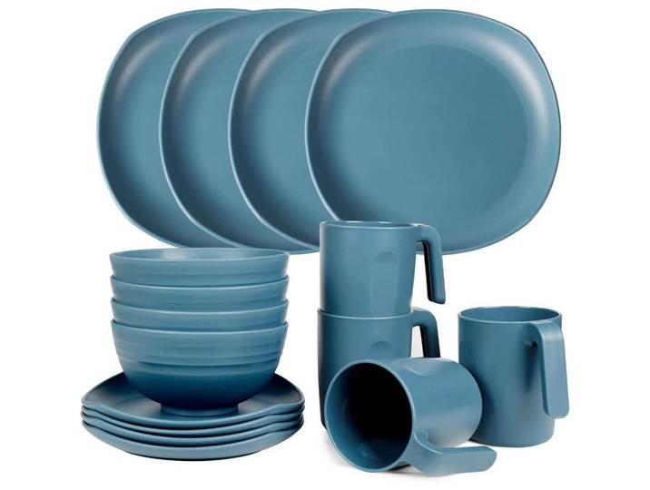Geschirrset 16-teiliges Set PP leicht unzerbrechlich für 4 Personen, Blau, Kunststoff, 24x7.6x24 cm, Geschirr, Geschirrsets, Kombiservice