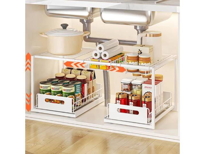 Rangement sous évier extensible 2 niveaux en métal blanc - largeur et hauteur réglables 32 à 40 cm étagère cuisine pratique