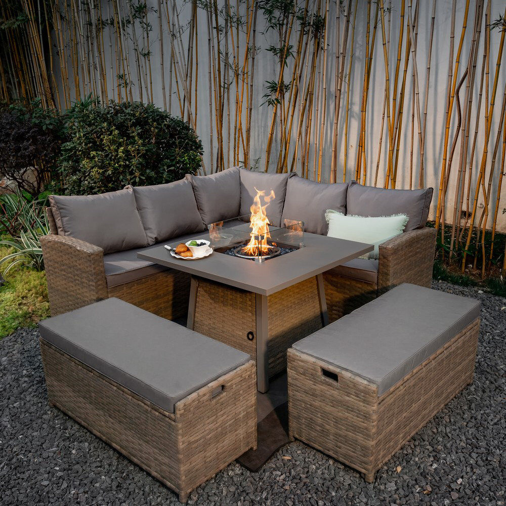 Latitude Run Rosen 9 Seaters Corner Sofa Cube Fire-Pit Dinning Table With Storage Benches&Rain Cover Brown 9