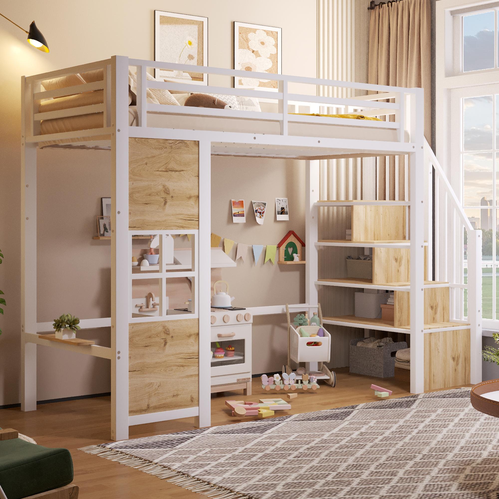 Flieks Etagenbett 90x200cm mit Stauraumtreppe, Hochbett mit Ablage, Kinderbett Metallbett mit Rausfallschutz und Lattenrost, Jugendbett Weiß