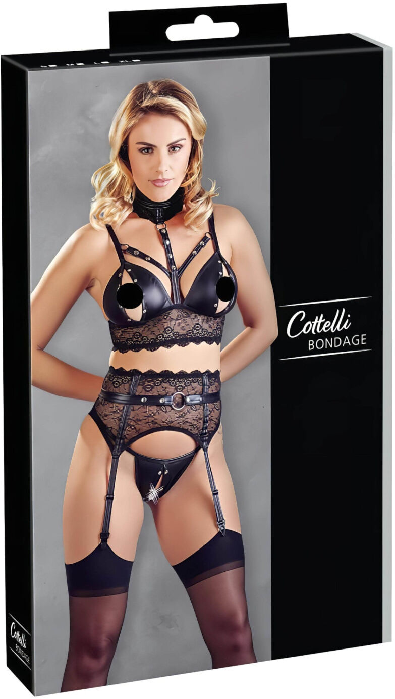 Cottelli Bondage - lace lingerie set with handcuffs (black) - L